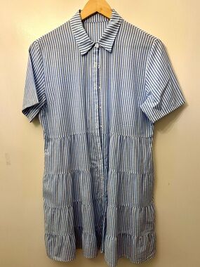 Blue and White Striped Short-Sleeve Shirt Dress